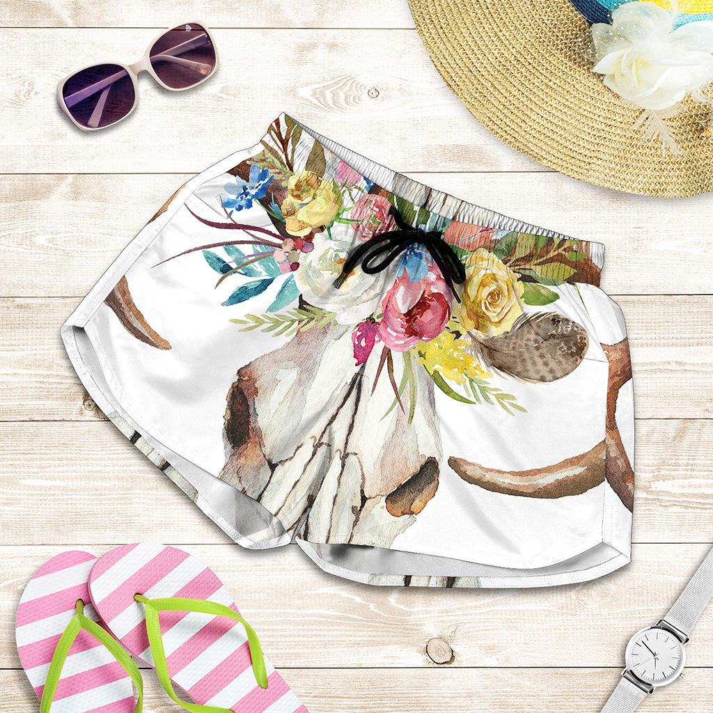 Boho Floral Deer Skull Print Women's Shorts