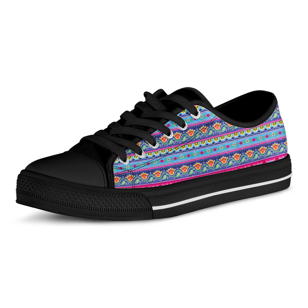 Boho Indian Lotus Pattern Print Black Low Top Shoes