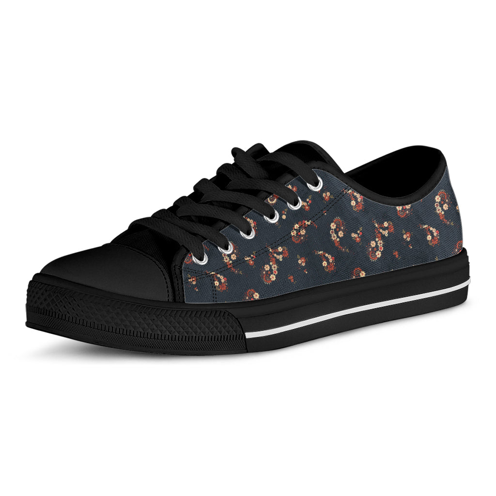 Boho Paisley Flower Pattern Print Black Low Top Shoes