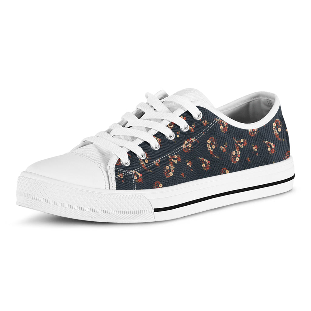 Boho Paisley Flower Pattern Print White Low Top Shoes