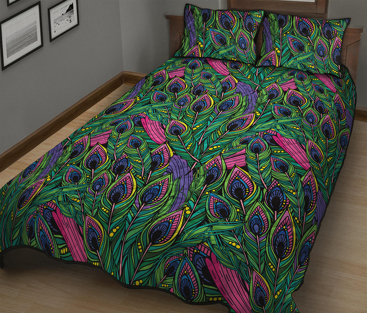 Boho Peacock Feather Pattern Print Quilt Bed Set