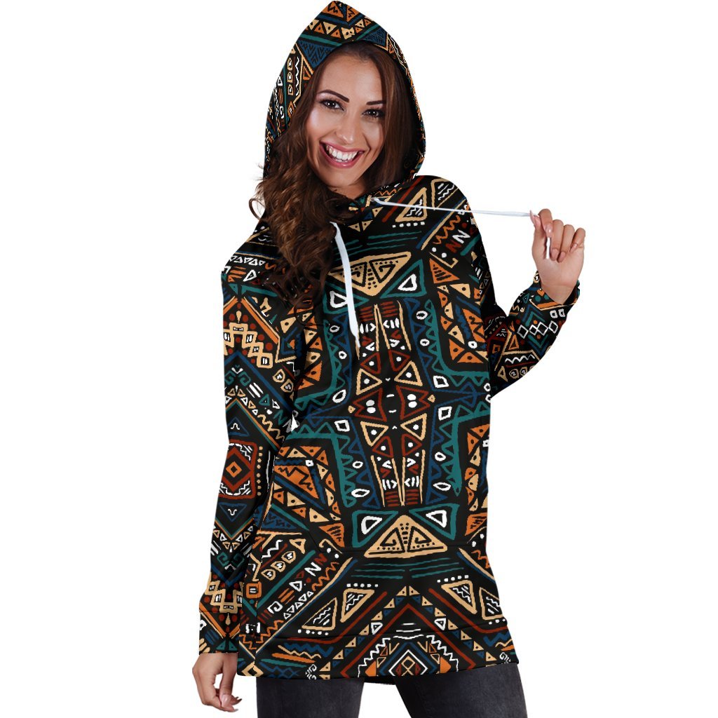 Boho Tribal Aztec Pattern Print Hoodie Dress GearFrost