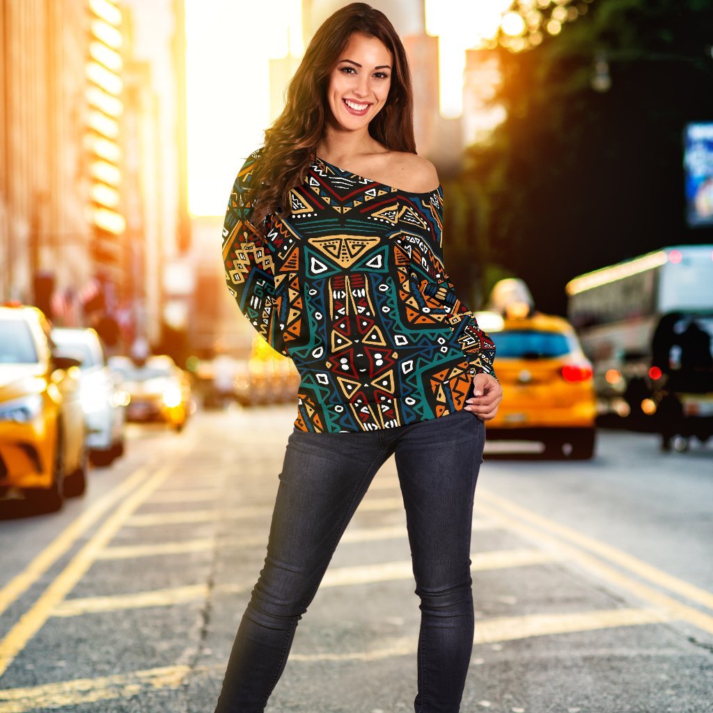 Boho Tribal Aztec Pattern Print Off Shoulder Sweatshirt GearFrost