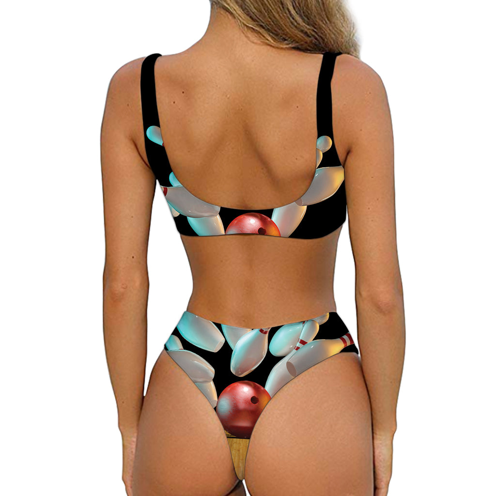 Bowling Strike Print Front Bow Tie Bikini