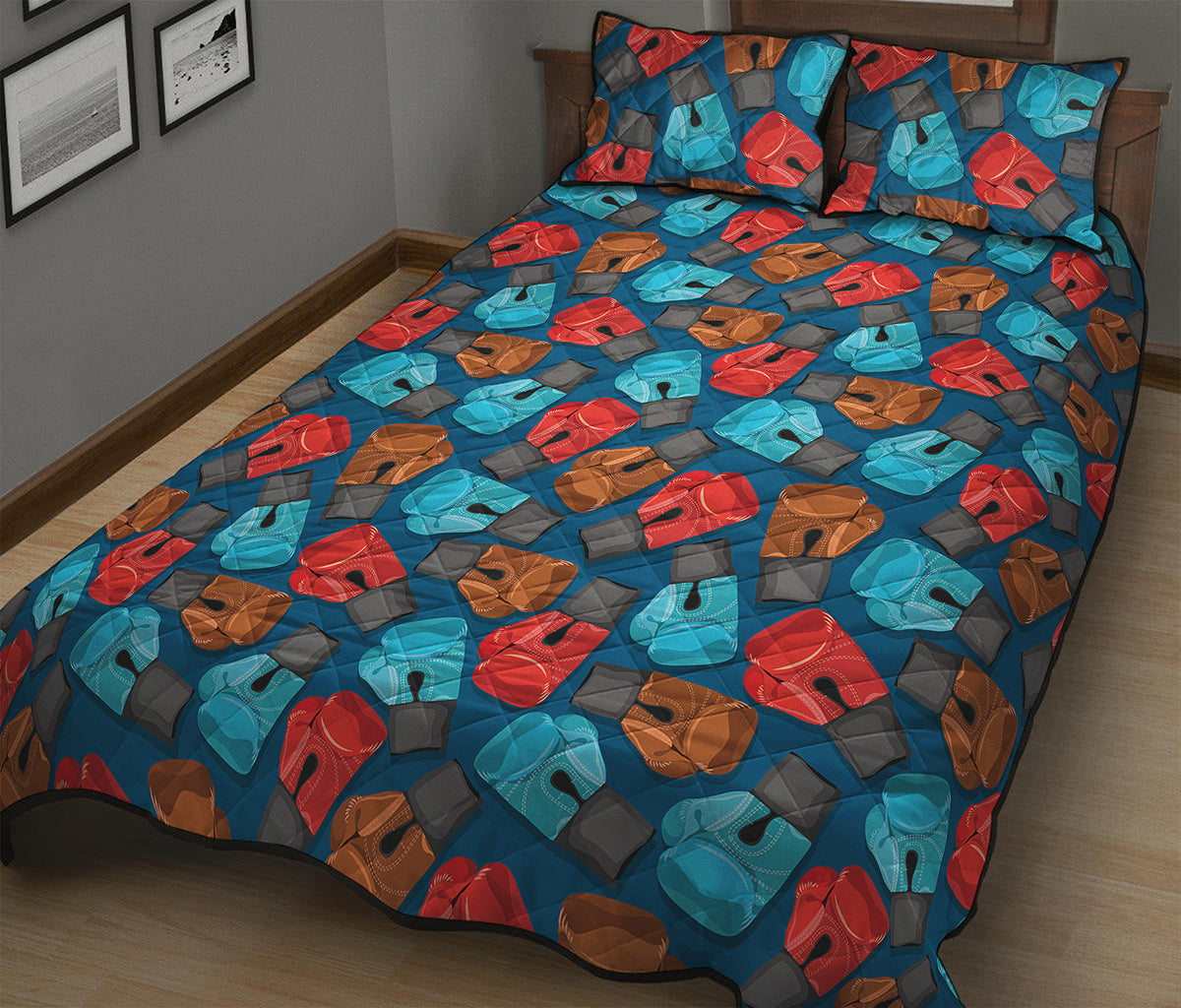 Boxing Gloves Pattern Print Quilt Bed Set