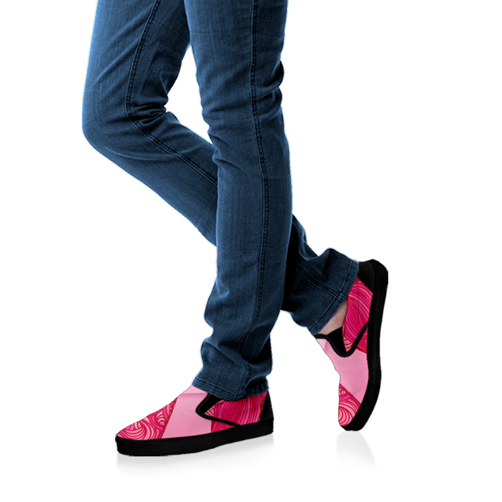 Breast Cancer Awareness Ribbon Print Black Slip On Shoes