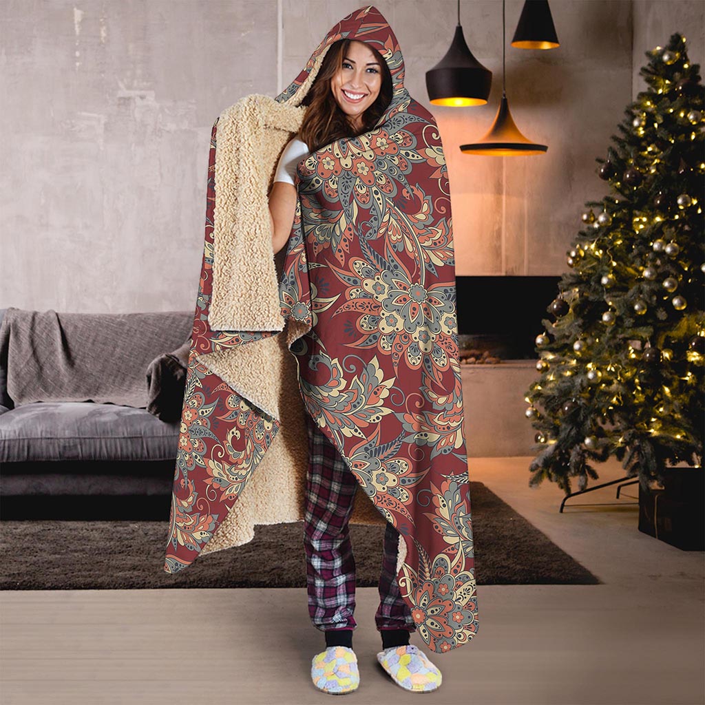 Brick Floral Bohemian Pattern Print Hooded Blanket
