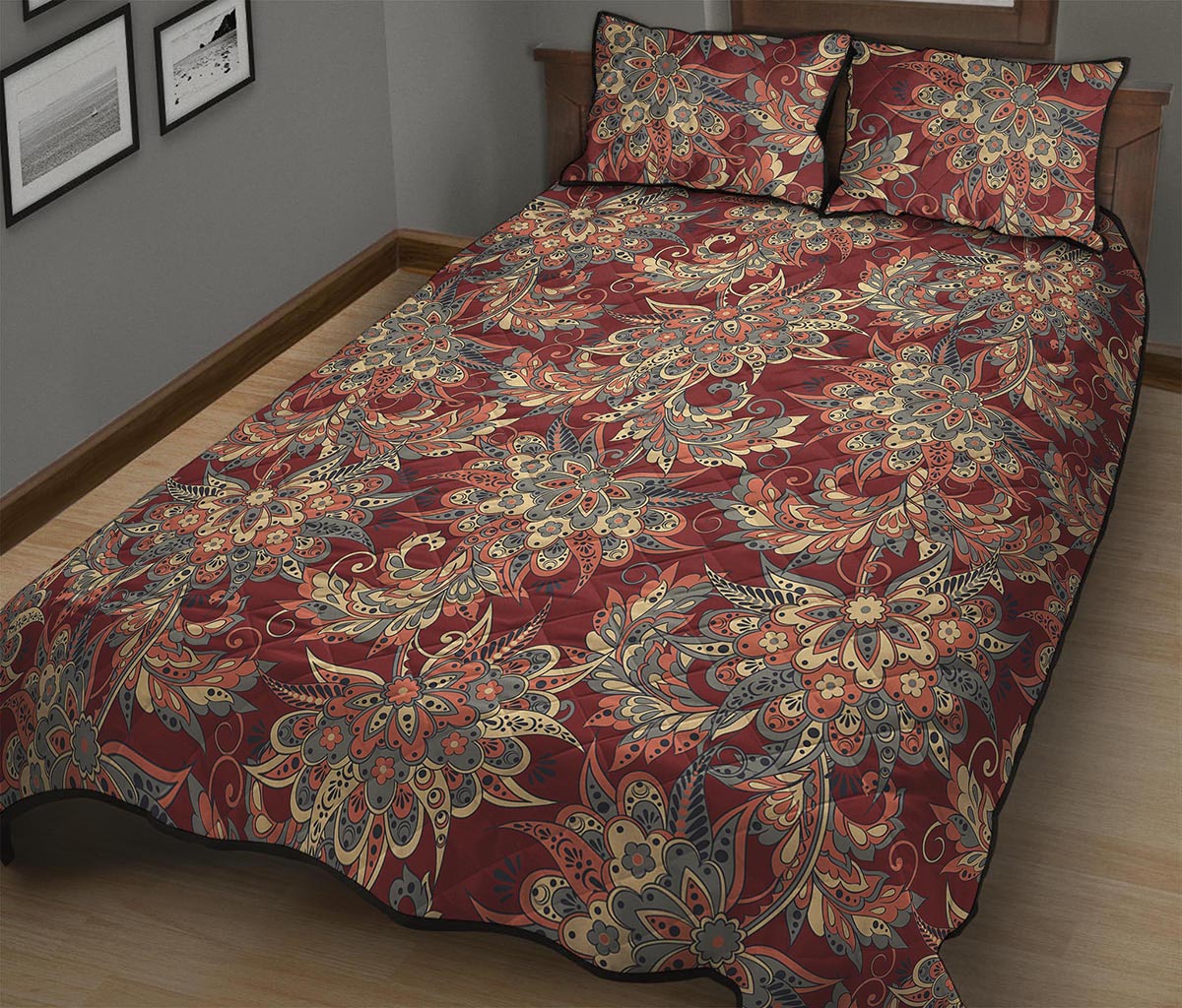 Brick Floral Bohemian Pattern Print Quilt Bed Set