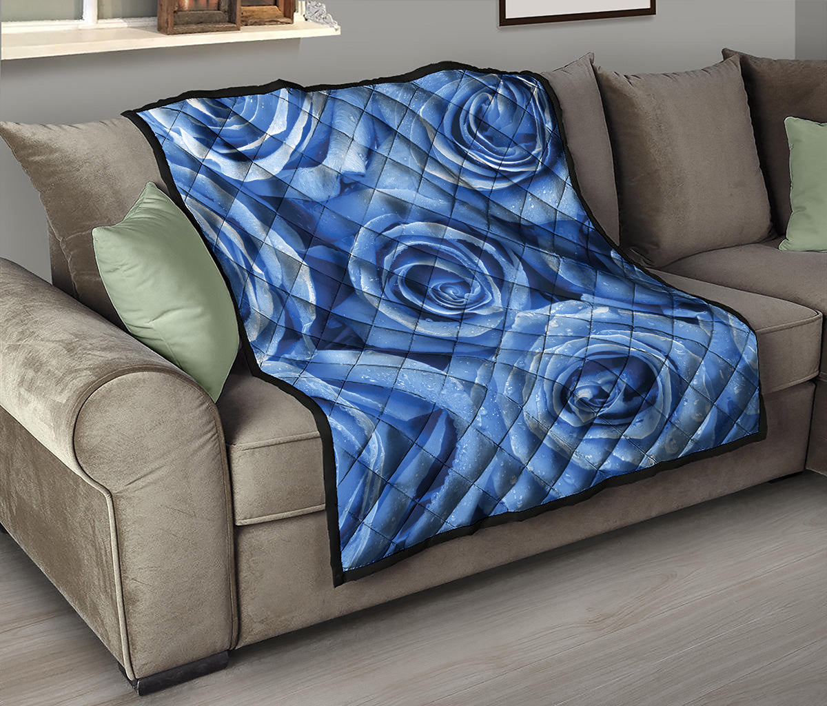 Bright Blue Rose Print Quilt