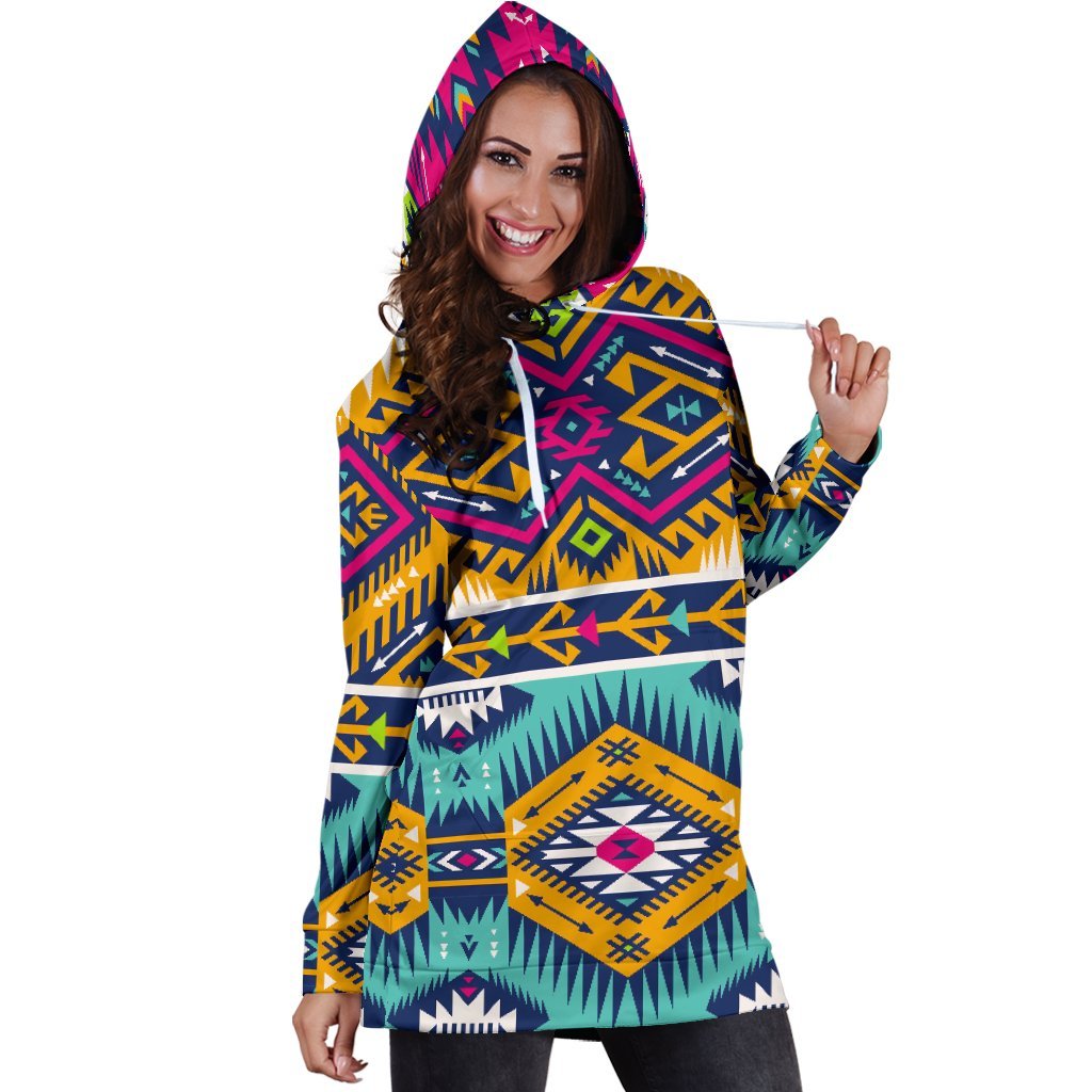 Bright Colors Aztec Pattern Print Hoodie Dress GearFrost
