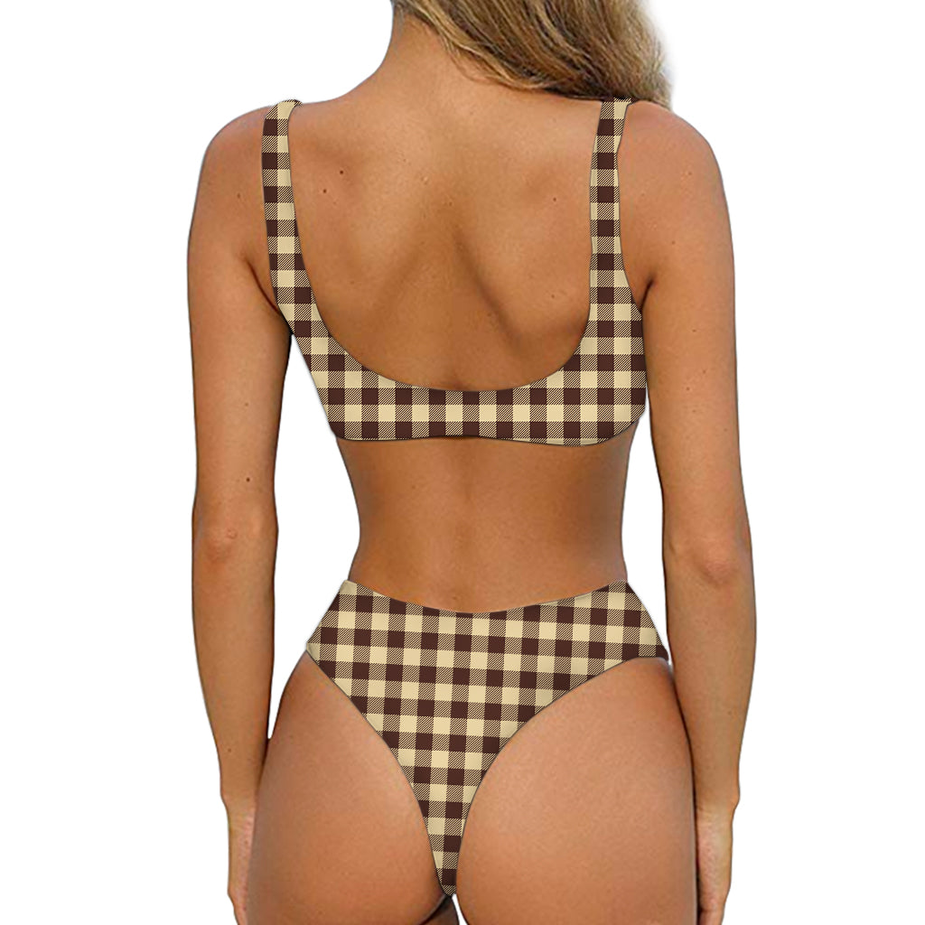 Brown And Beige Buffalo Check Print Front Bow Tie Bikini