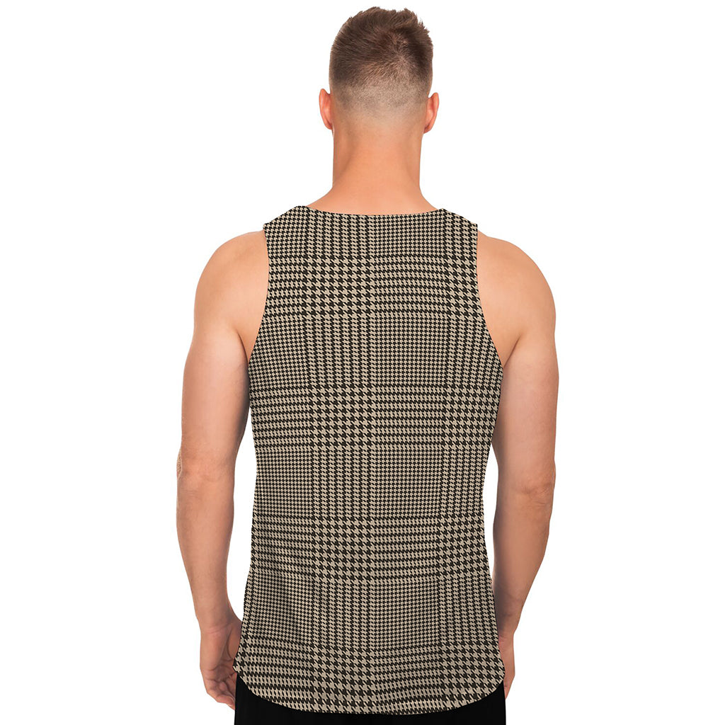Brown And Beige Glen Plaid Print Men's Tank Top