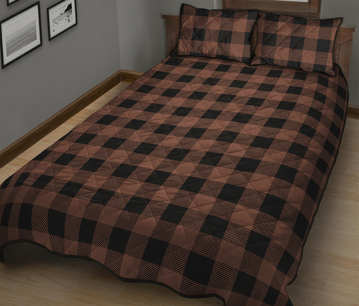 Brown And Black Buffalo Check Print Quilt Bed Set