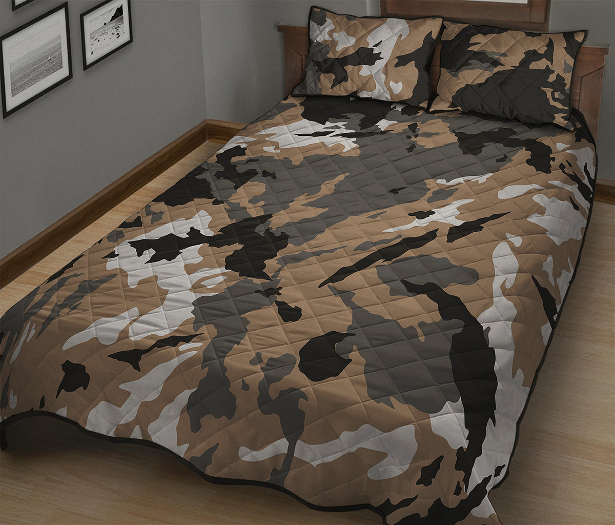 Brown And Black Camouflage Print Quilt Bed Set