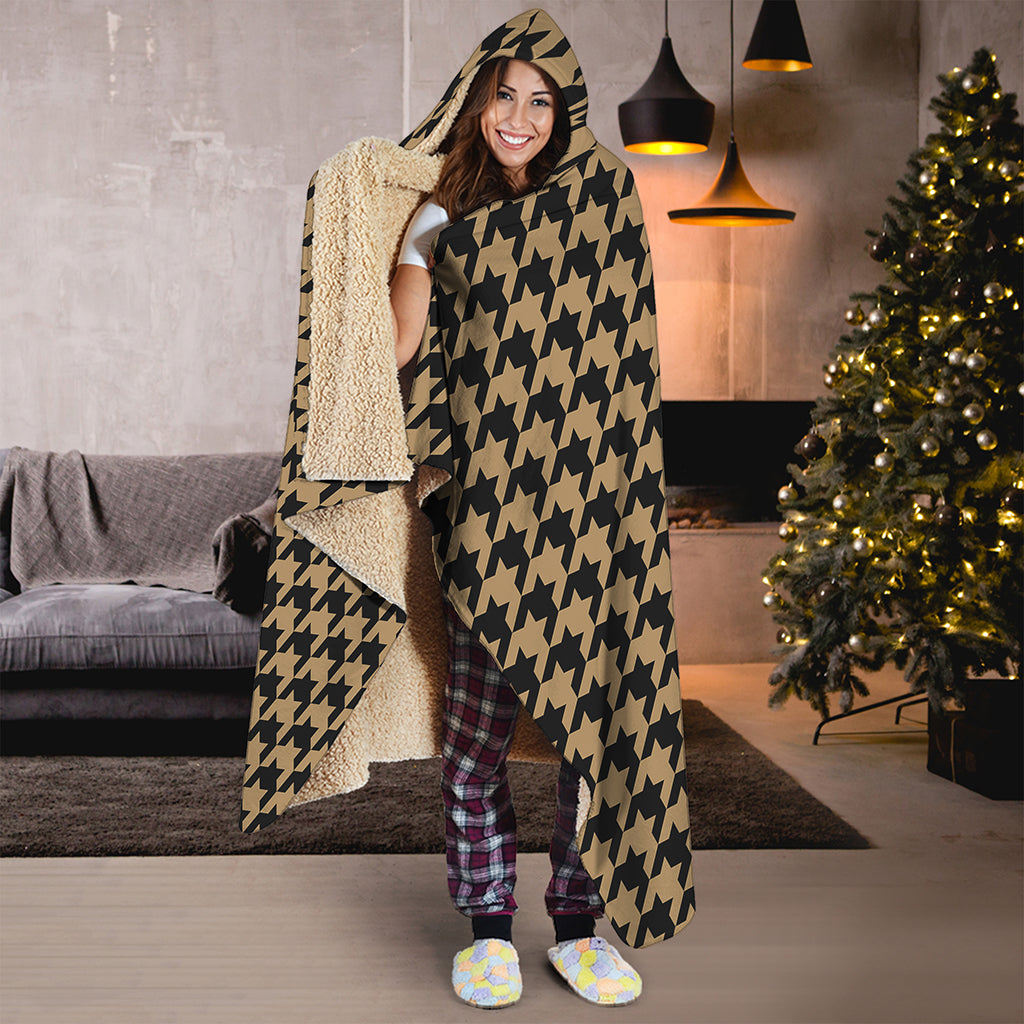 Brown And Black Houndstooth Print Hooded Blanket