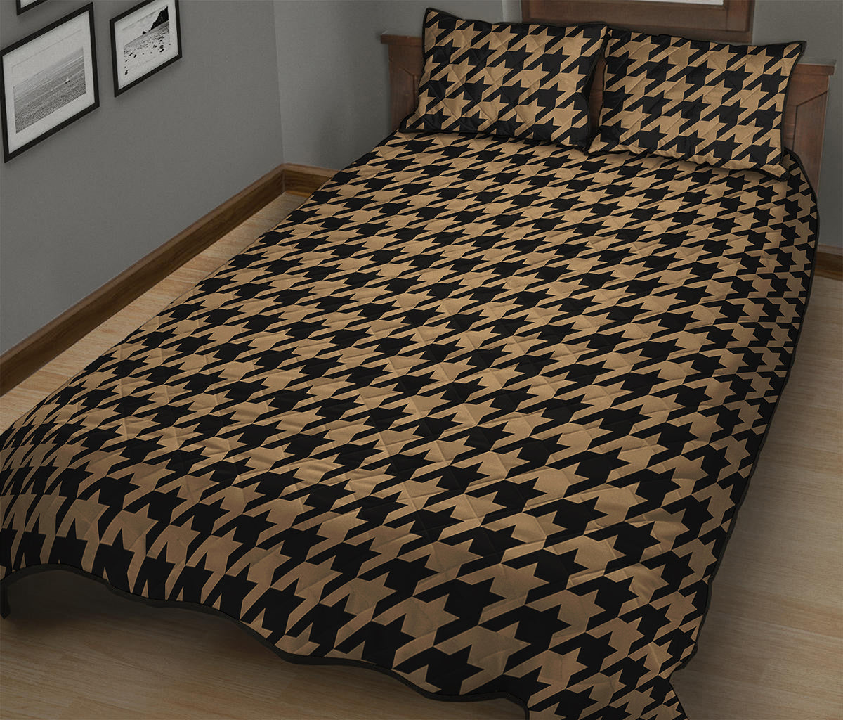 Brown And Black Houndstooth Print Quilt Bed Set