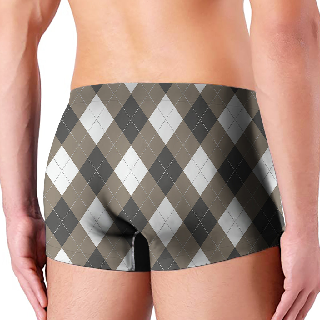 Brown And White Argyle Pattern Print Men's Boxer Briefs