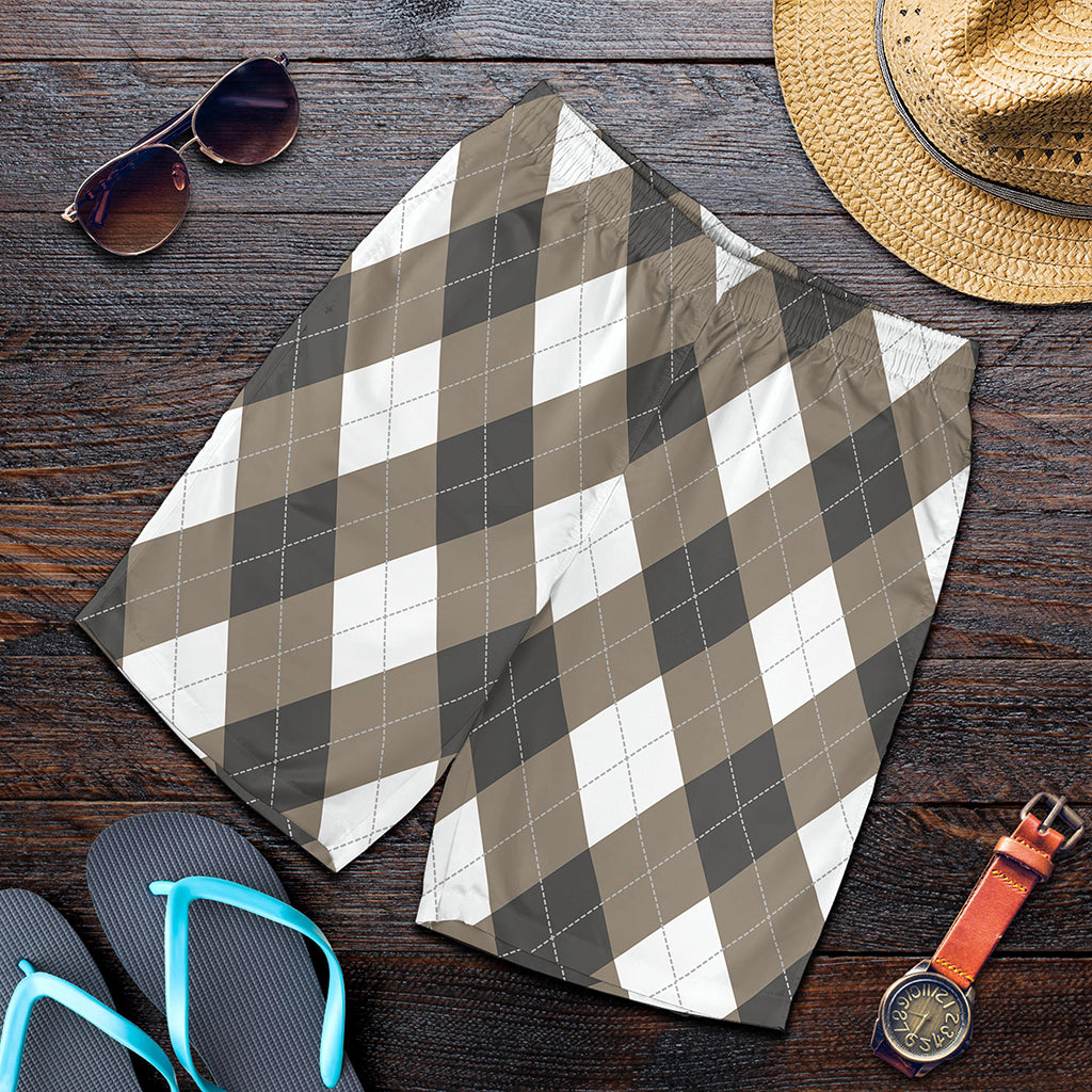 Brown And White Argyle Pattern Print Men's Shorts