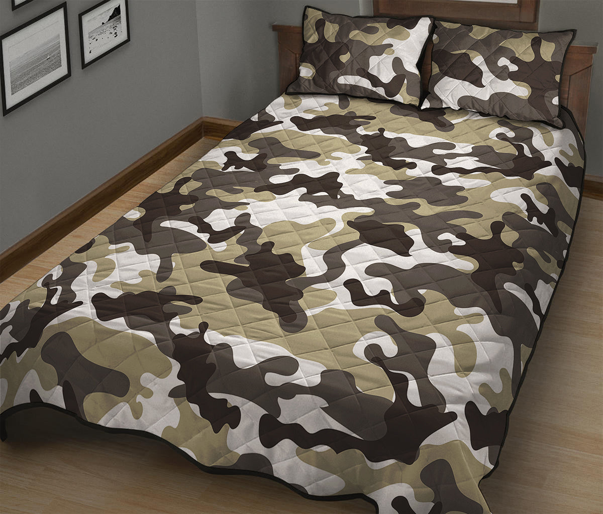 Brown And White Camouflage Print Quilt Bed Set