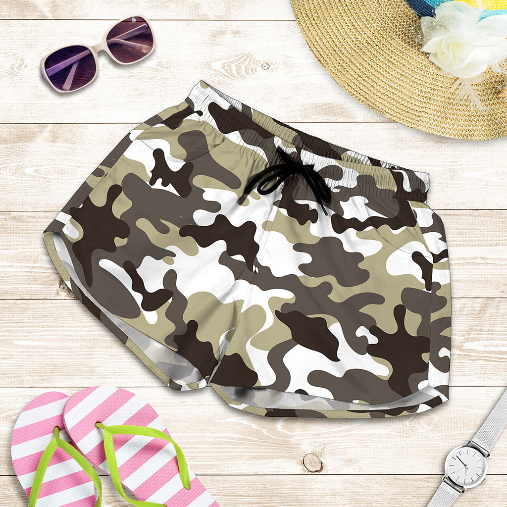 Brown And White Camouflage Print Women's Shorts