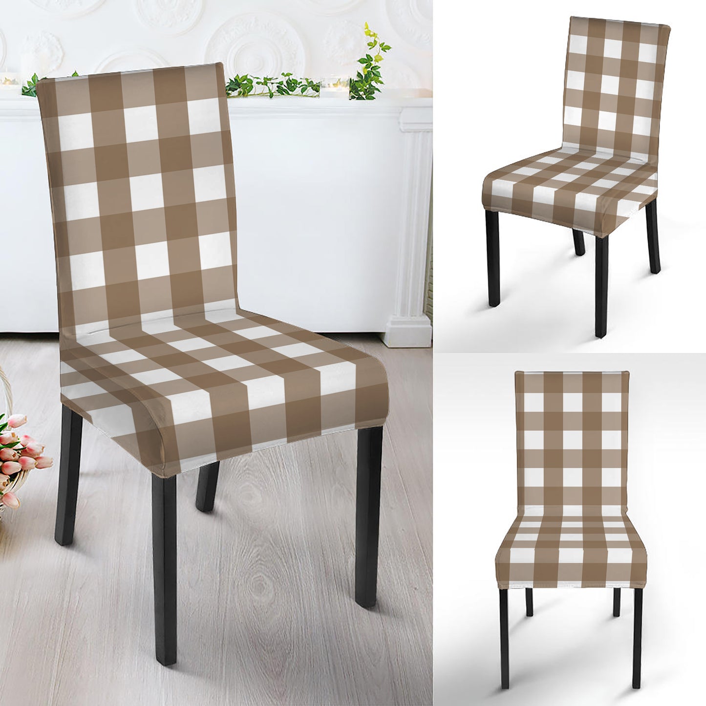 Brown And White Check Pattern Print Dining Chair Slipcover