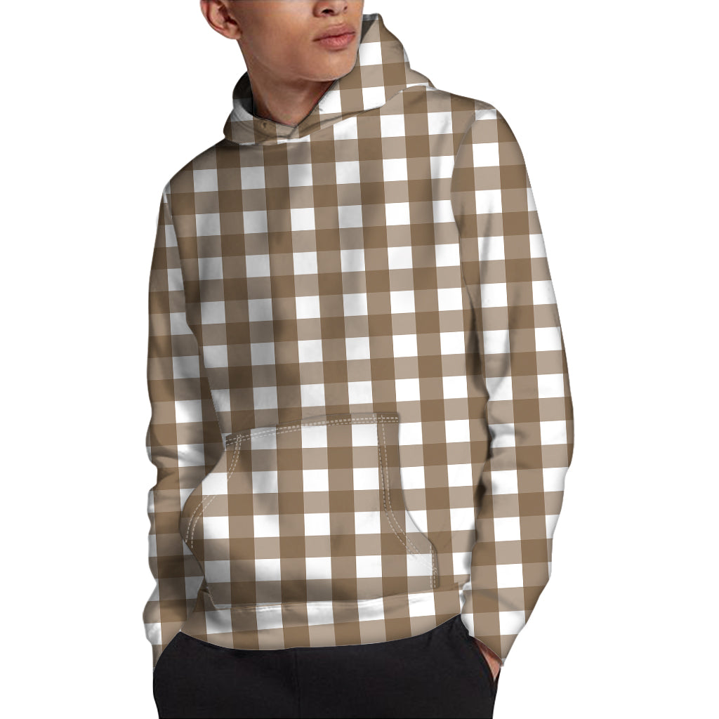 Brown And White Check Pattern Print Pullover Hoodie
