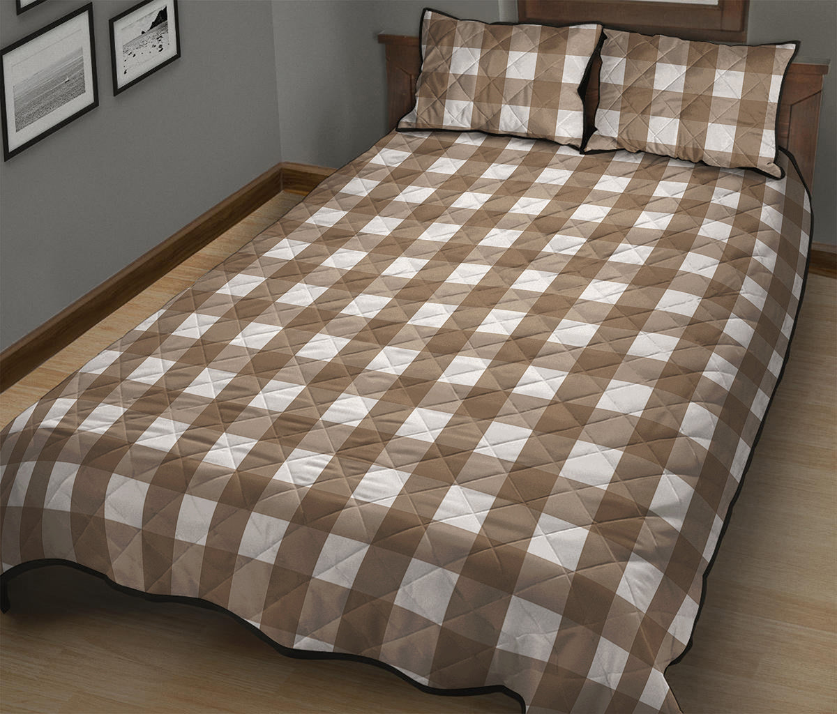 Brown And White Check Pattern Print Quilt Bed Set