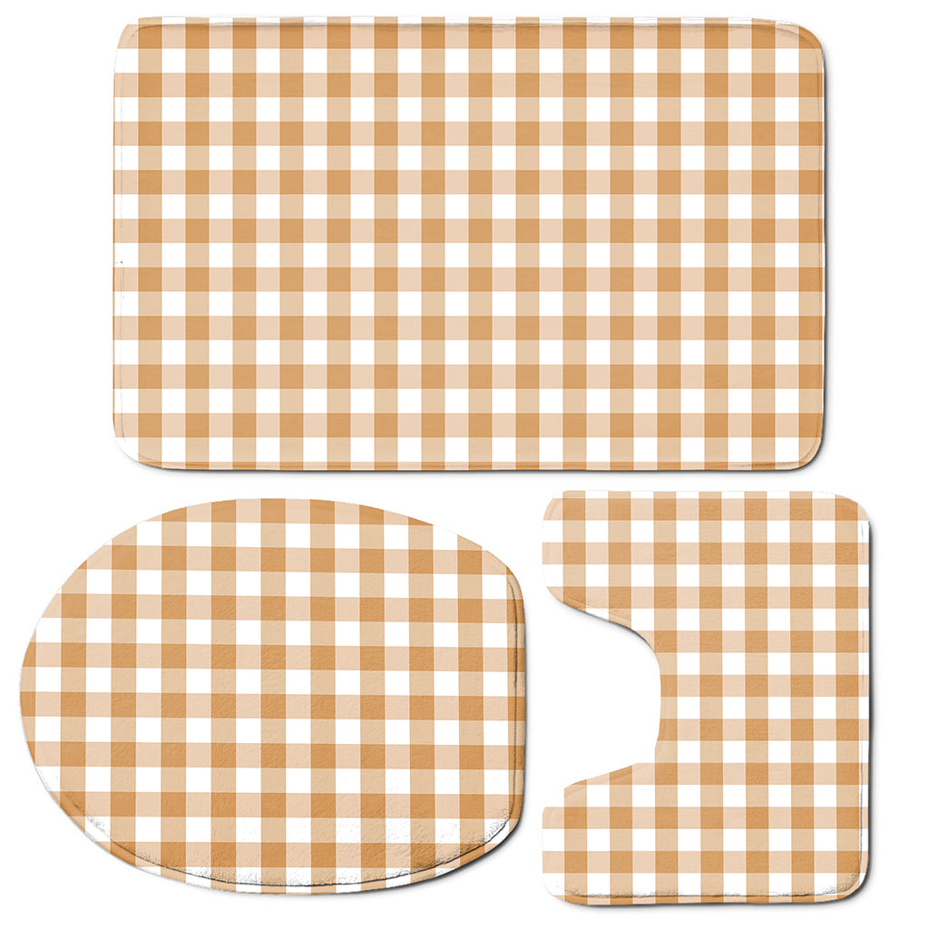 Brown And White Gingham Pattern Print 3 Piece Bath Mat Set