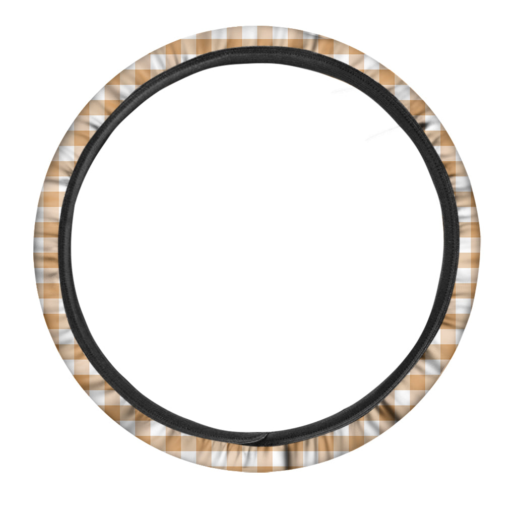 Brown And White Gingham Pattern Print Car Steering Wheel Cover