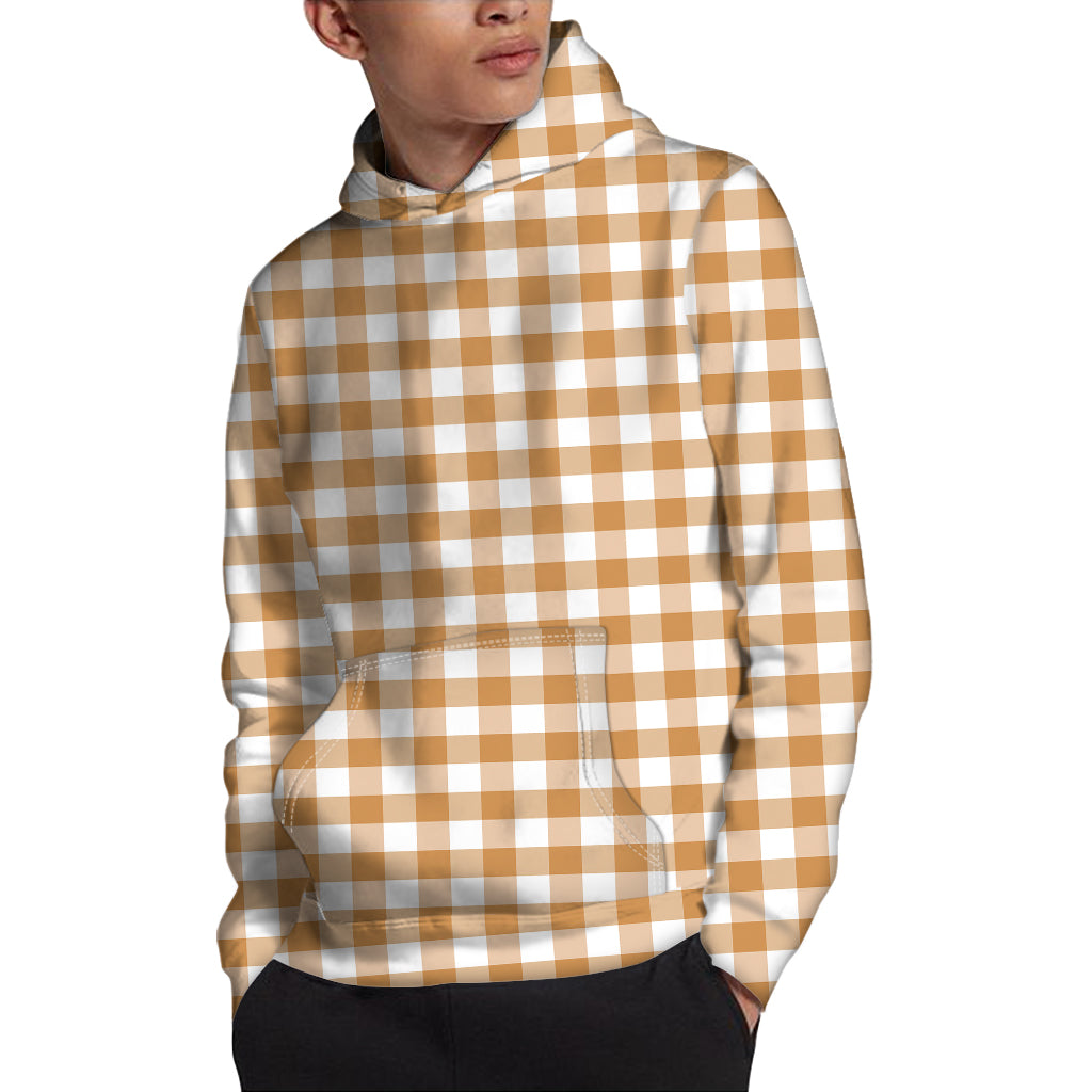Brown And White Gingham Pattern Print Pullover Hoodie