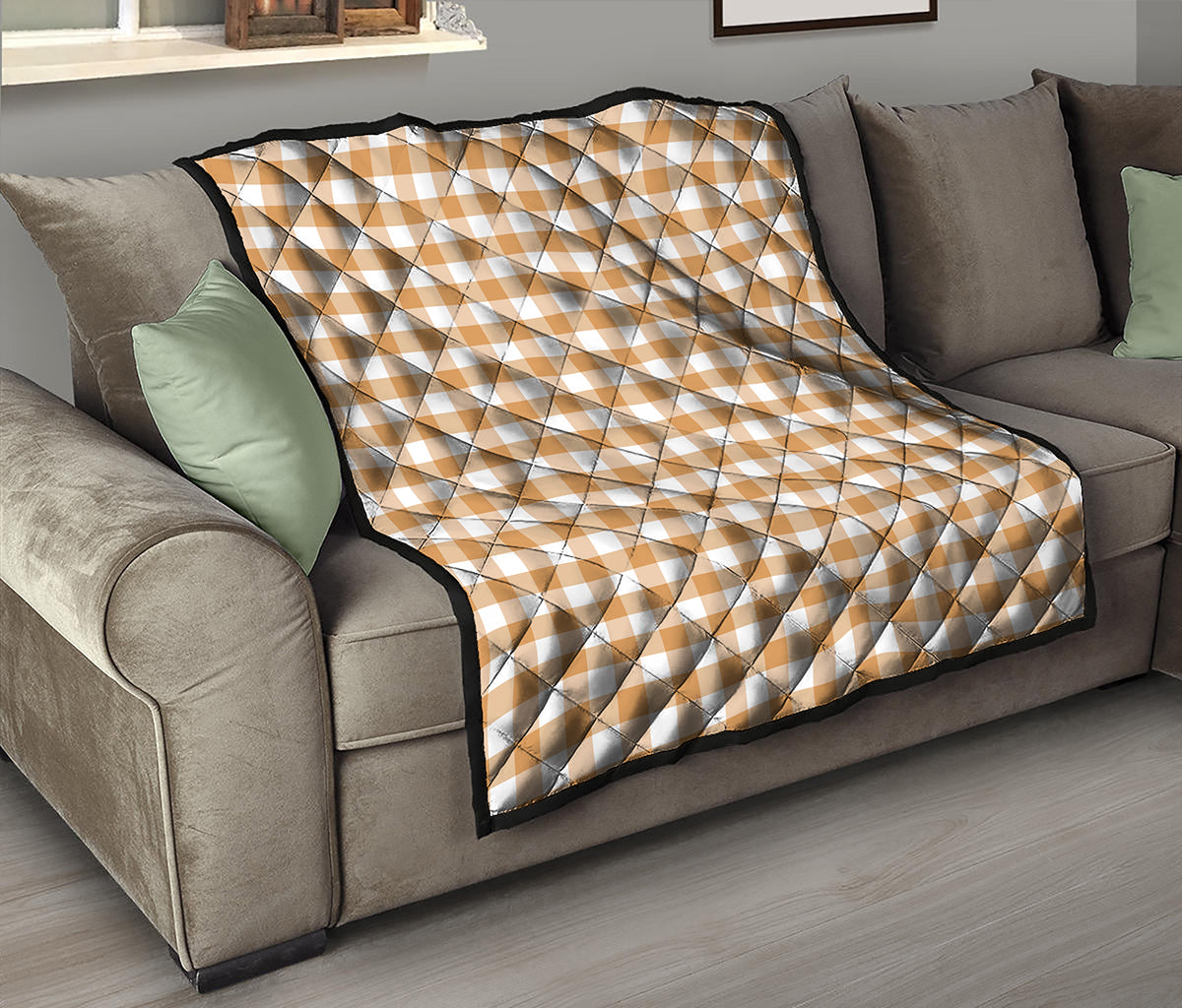 Brown And White Gingham Pattern Print Quilt