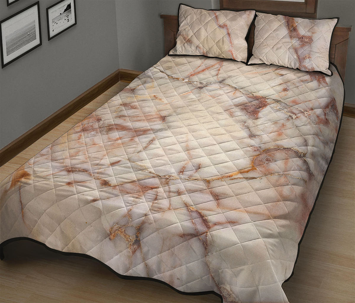 Brown Beige Marble Print Quilt Bed Set