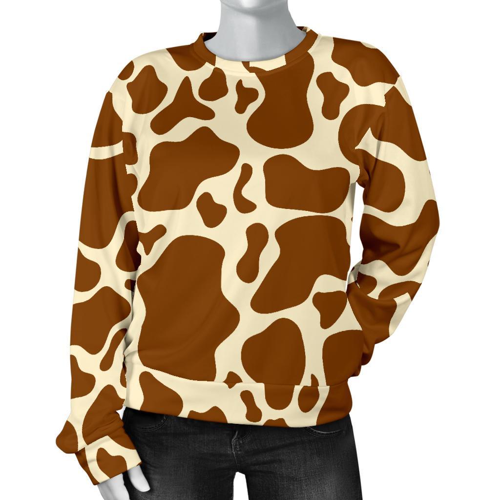 Brown Cow Print Women's Crewneck Sweatshirt GearFrost