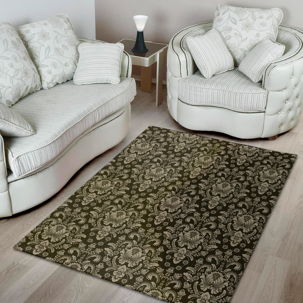 Brown Damask Pattern Print Area Rug