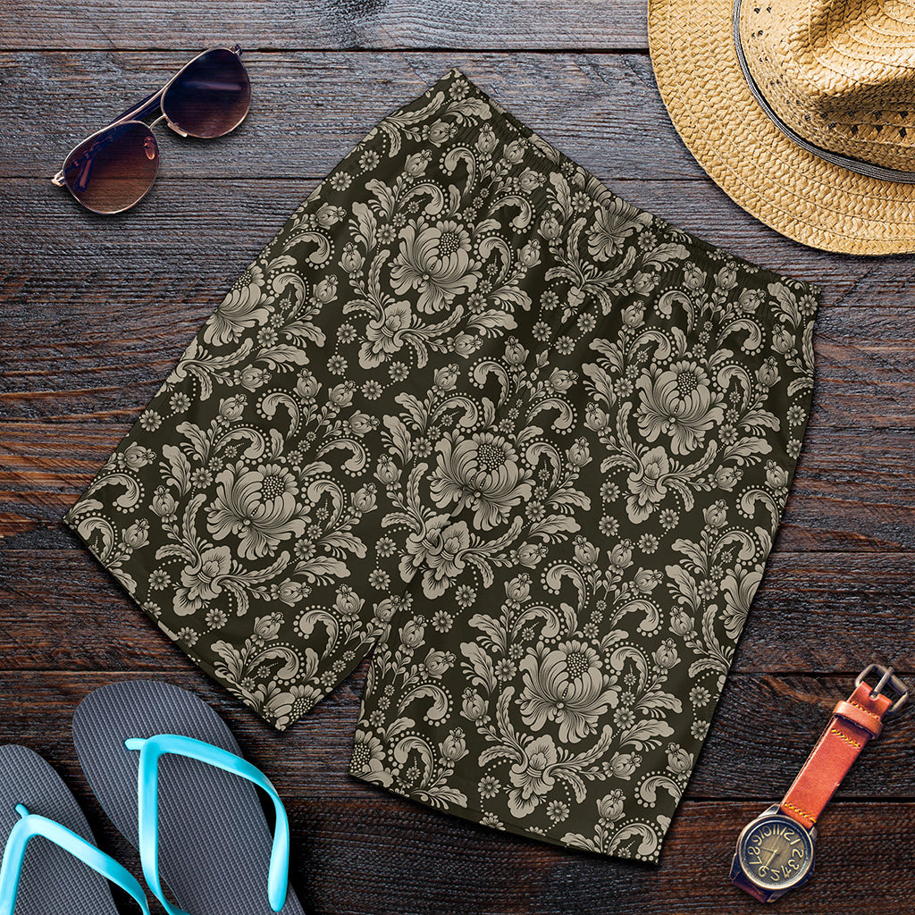 Brown Damask Pattern Print Men's Shorts