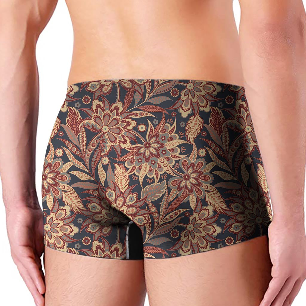 Brown Floral Bohemian Pattern Print Men's Boxer Briefs