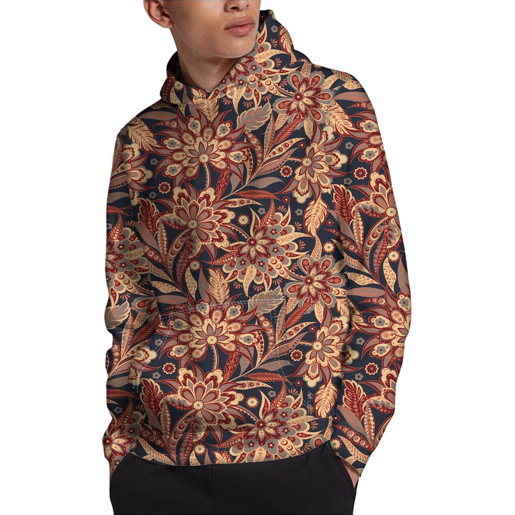 Brown Floral Bohemian Pattern Print Pullover Hoodie
