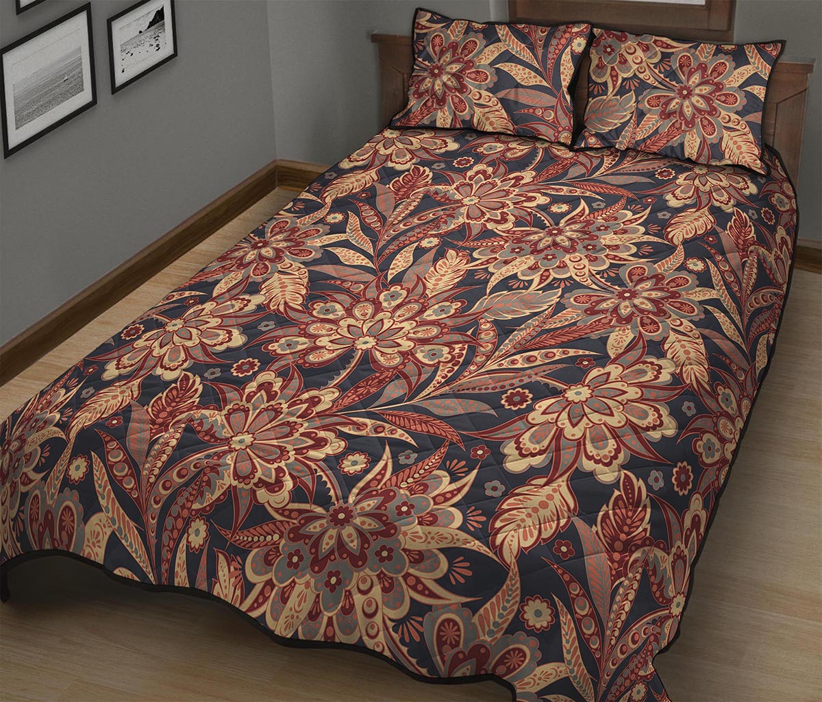 Brown Floral Bohemian Pattern Print Quilt Bed Set