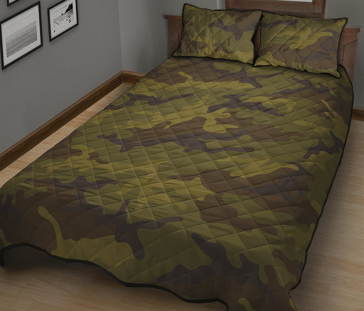 Brown Green Camouflage Print Quilt Bed Set