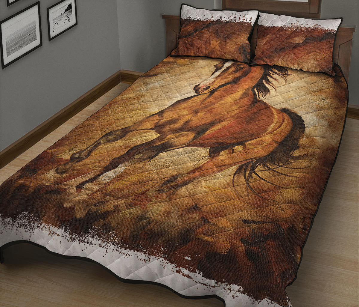 Brown Horse Painting Print Quilt Bed Set
