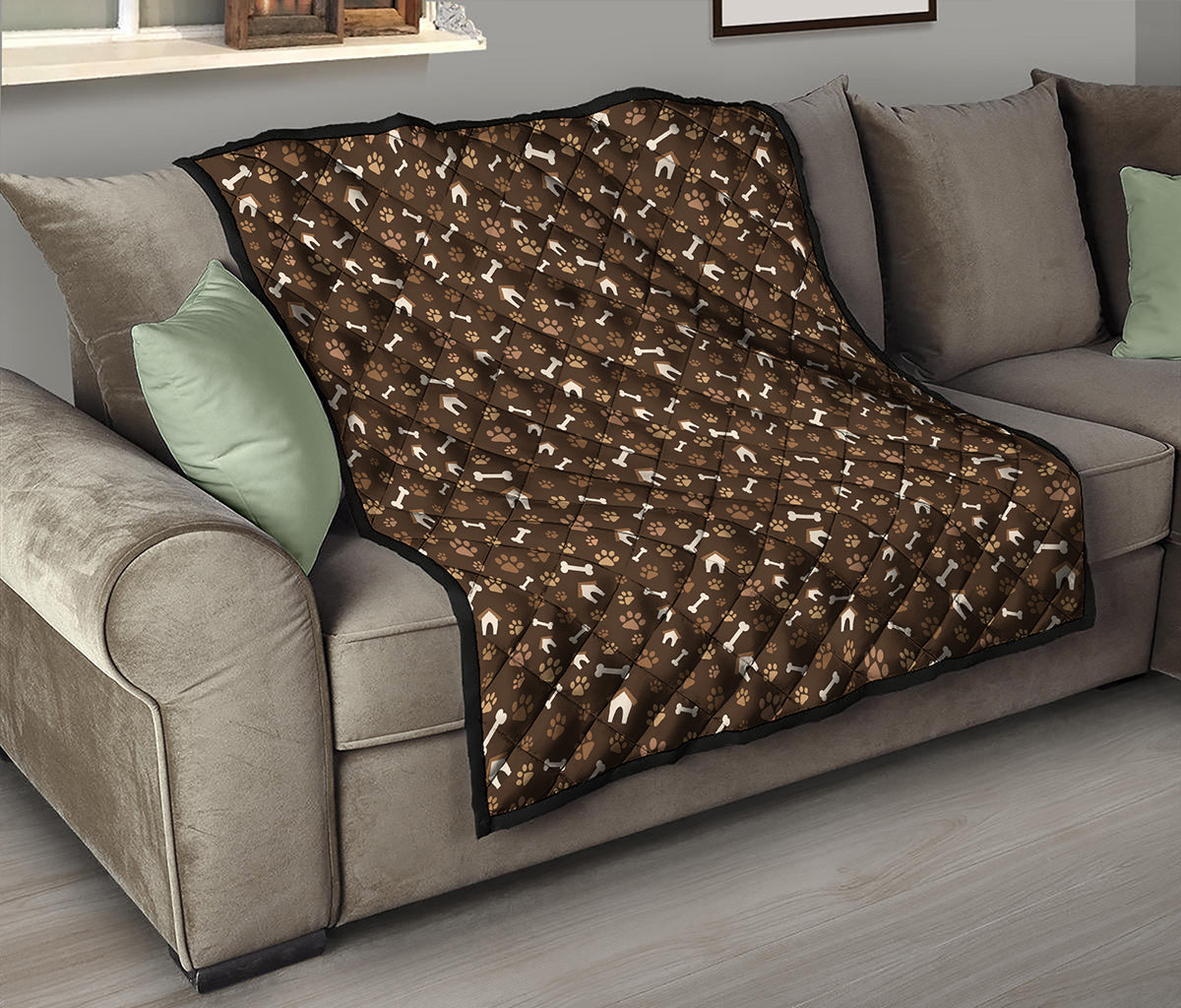 Brown Paw And Bone Pattern Print Quilt