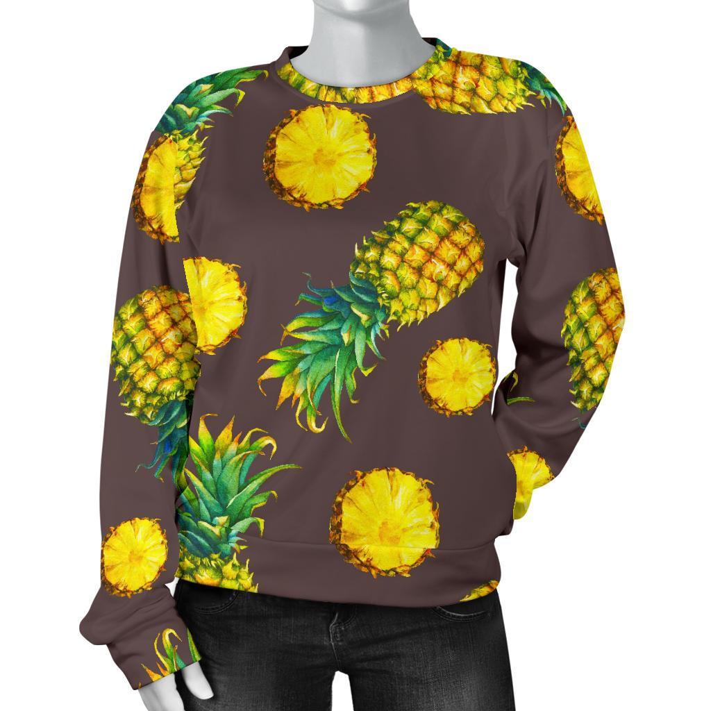 Brown Pineapple Pattern Print Women's Crewneck Sweatshirt GearFrost