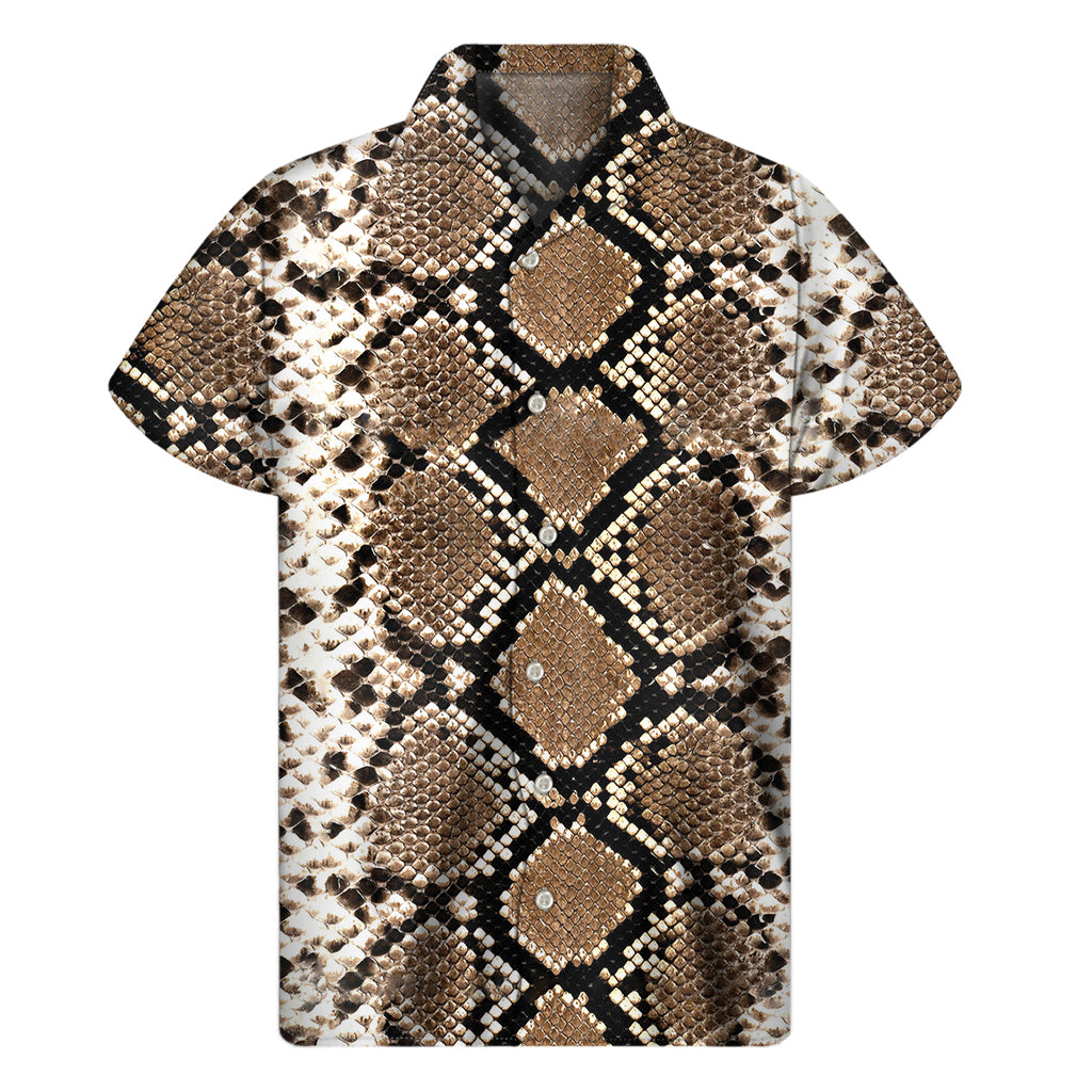 Brown Python Snakeskin Print Men's Short Sleeve Shirt