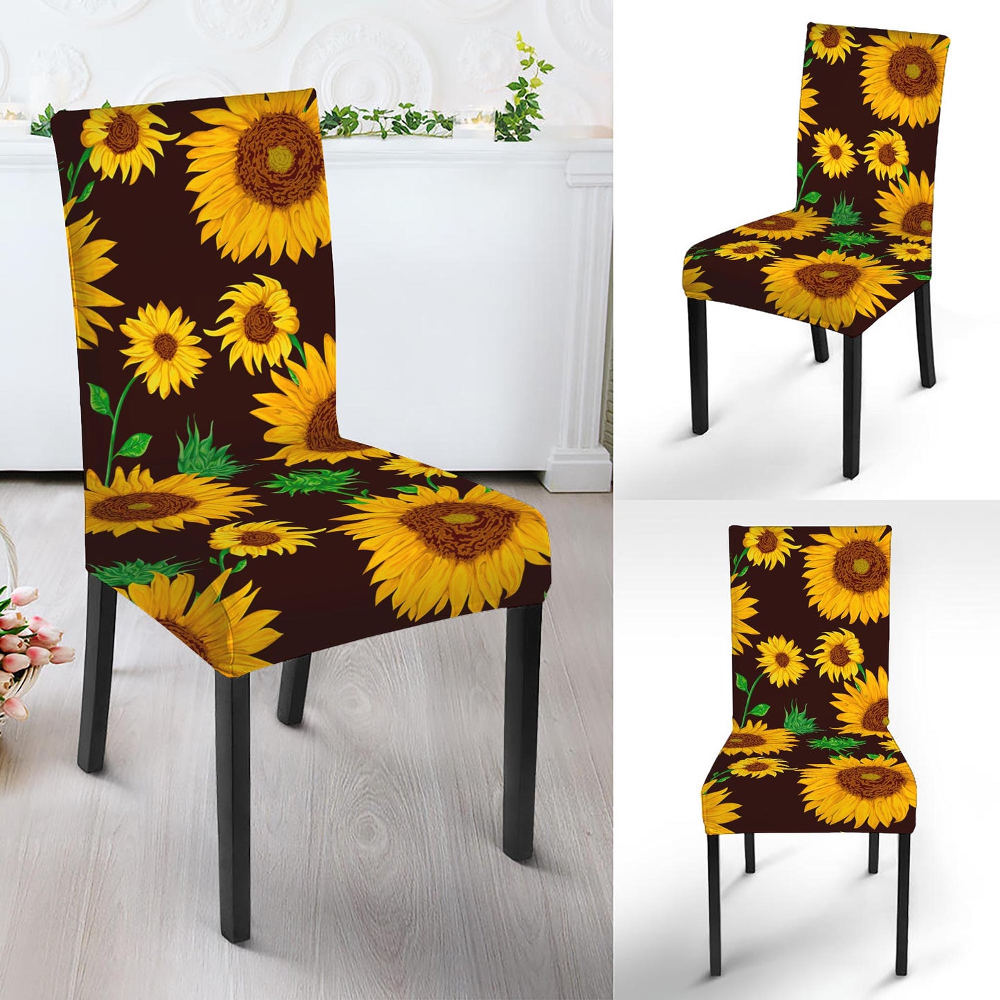 Brown Sunflower Pattern Print Dining Chair Slipcover