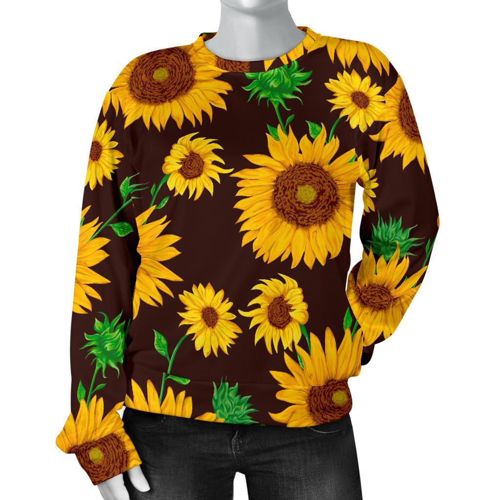 Brown Sunflower Pattern Print Women's Crewneck Sweatshirt GearFrost