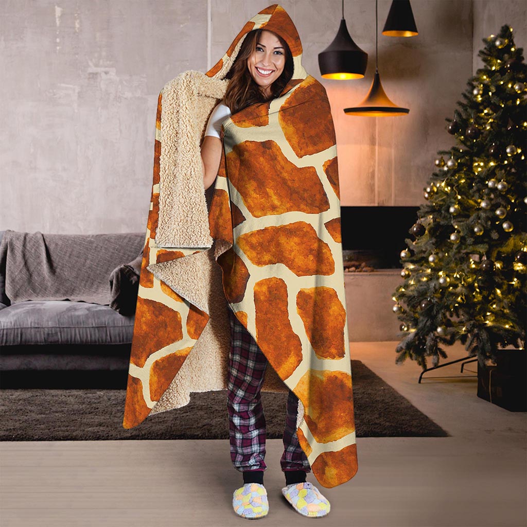 Brown Watercolor Giraffe Pattern Print Hooded Blanket