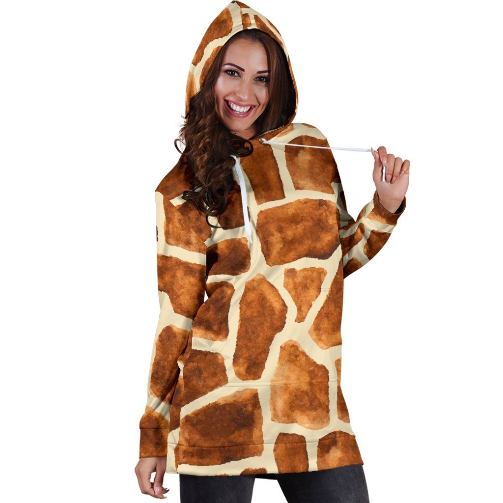 Brown Watercolor Giraffe Pattern Print Hoodie Dress GearFrost
