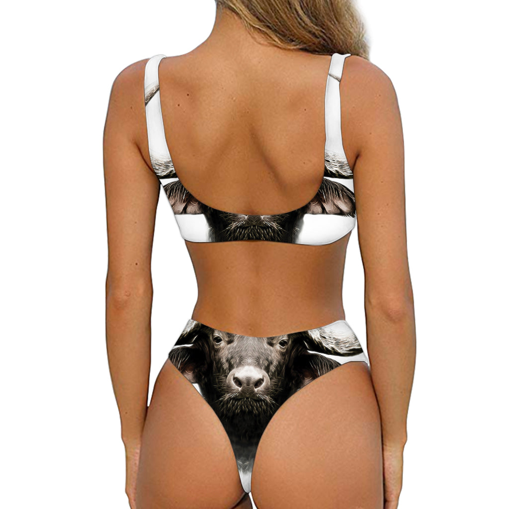 Bull Portrait Print Front Bow Tie Bikini