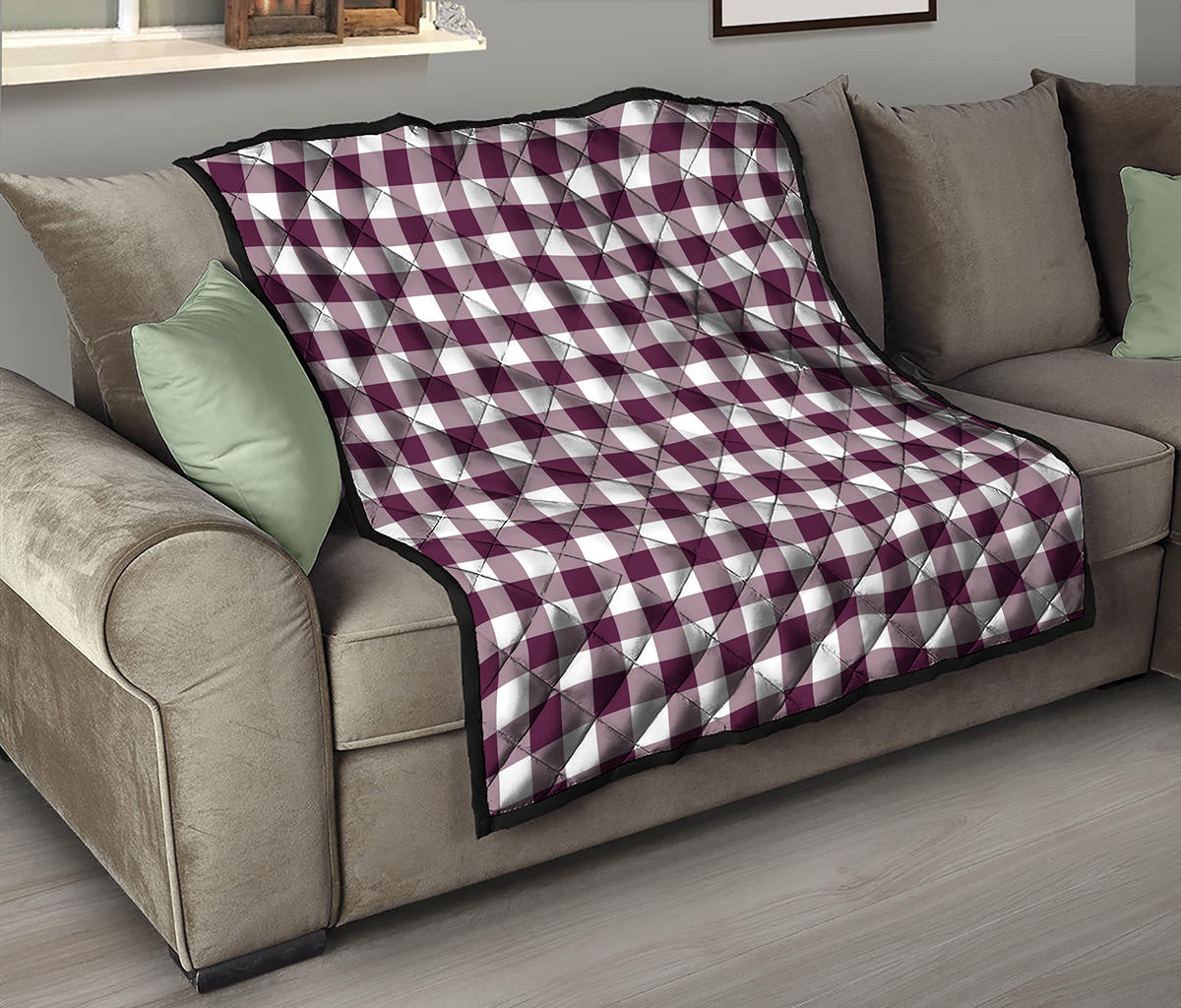 Burgundy And White Check Pattern Print Quilt