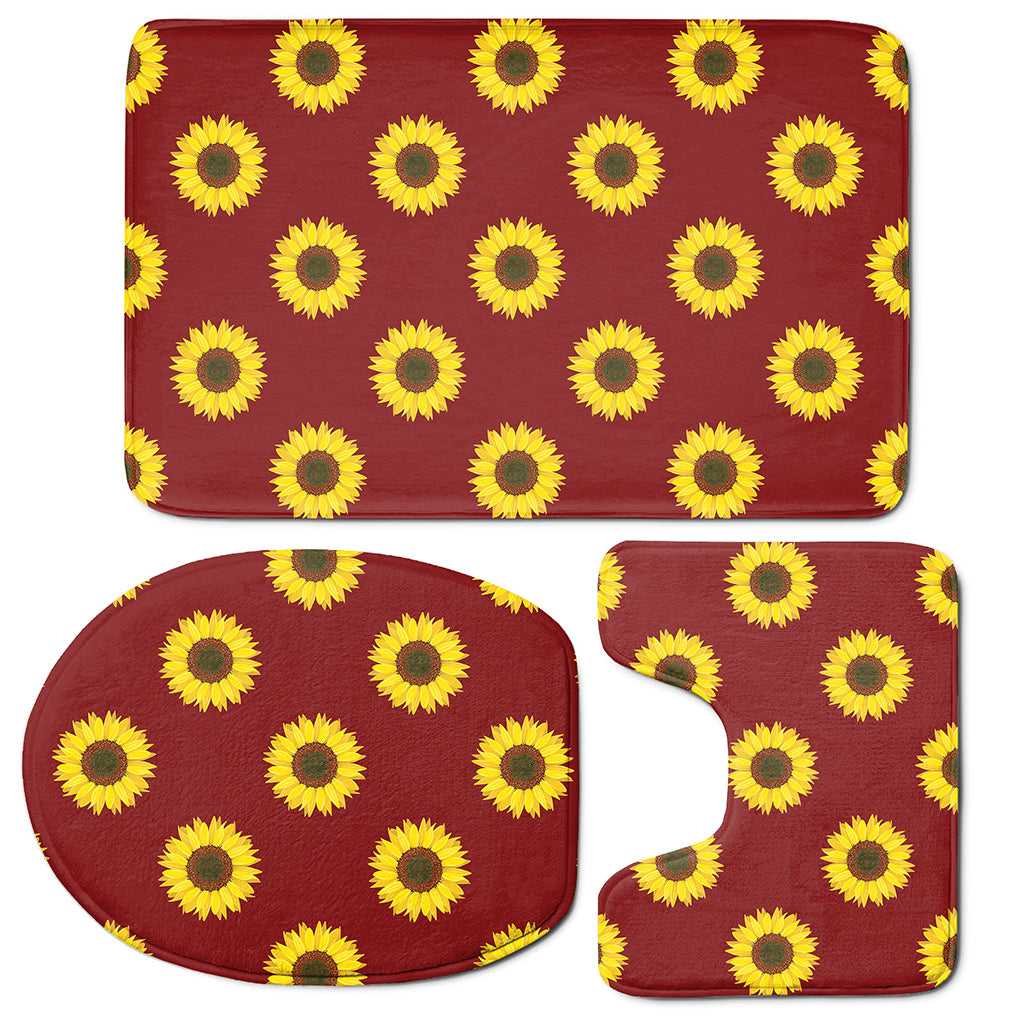 Burgundy Sunflower Pattern Print 3 Piece Bath Mat Set